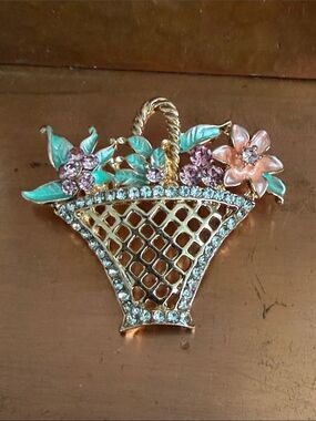 Gold Floral Basket Brooch Pink and Green Accents Vintage Inspired Jewelry NWOT